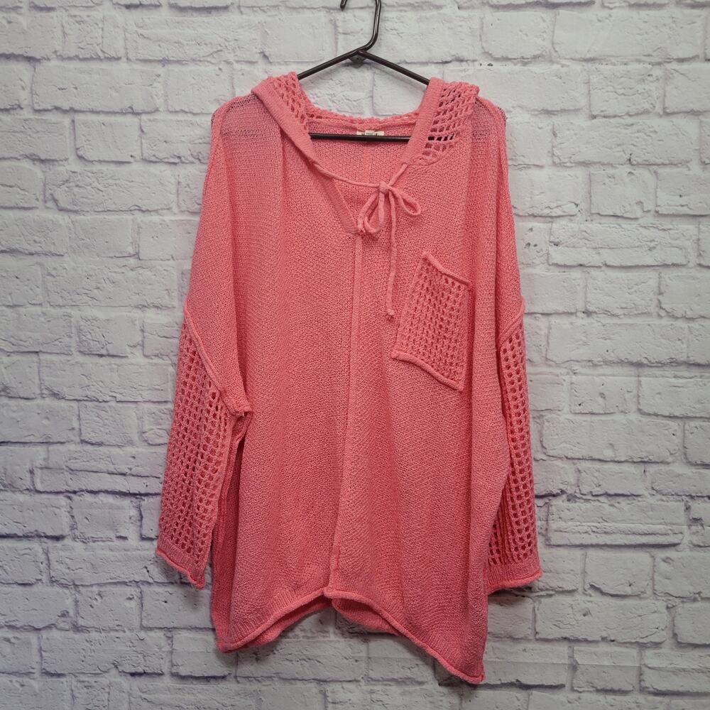POL Pink Mesh Knit Hoodie Sweater Oversized L Grunge Fairy Boho Layered‎ Punk